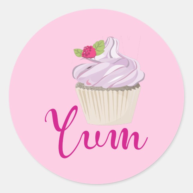 Sticker Rond Dreamy Cupcake rose avec Yum framboise! (Devant)