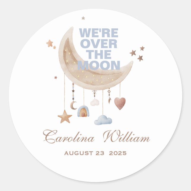 Sticker Rond Dreamy Over the Moon baby shower bleu (Devant)