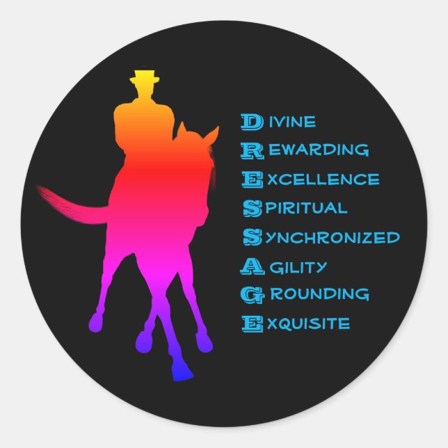 Sticker Rond Dressage Est Cheval Et Rider Arc-En-Ciel (Devant)