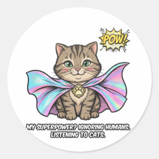 Sticker Rond Dresseur de Chat Drôle Superpouvoir Cape Tabby POW