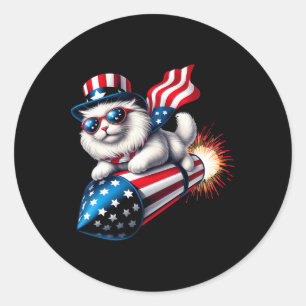 Sticker Rond Drôle 4 juillet Patriotic Cat Rocket avec Firewo