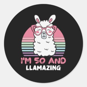 Sticker Rond Drôle adorable Llama Cadeau 50e Anniversaire Pour
