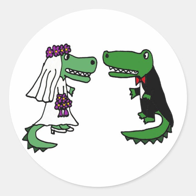 Sticker Rond Drôle Alligator Bride et Groom Dessin (Devant)