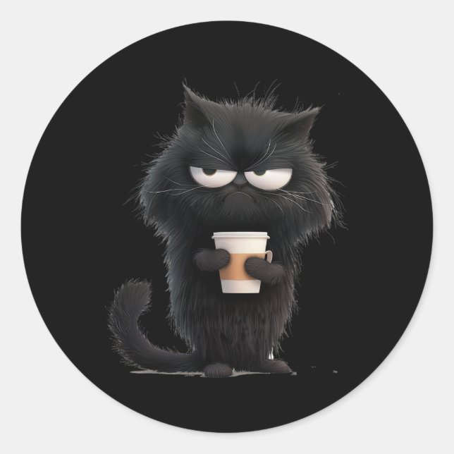 Sticker Rond Drôle Angry Black Cat Tee Cute Coffee Hommes Adult (Devant)