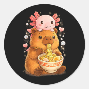 Sticker Rond Drôle Axolotl Nouille Anime Kawaii et Capybara