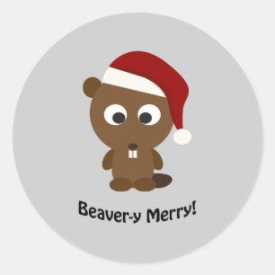 Sticker Rond Drôle Beaver-y Joyeux ! Père Noël Beaver