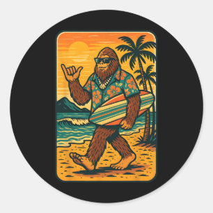 Sticker Rond Drôle Bigfoot Aloha Hawaïen Surf Tropical Beac