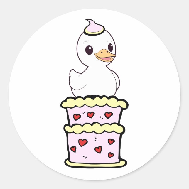 Sticker Rond Drôle Canard sautant d'un gâteau (Devant)