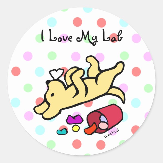Sticker Rond Drôle Carton du Labrador Jaune (Devant)