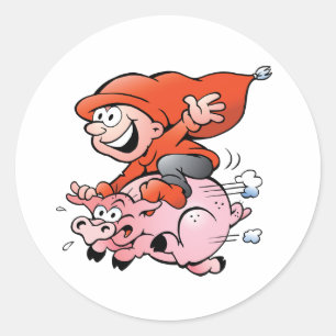 Sticker Rond Drôle Cartoon Gnome équitation Flying Pig
