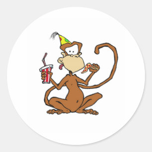Sticker Rond Drôle Cartoon Pizza Singe
