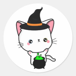 Sticker Rond Drôle chat blanc est une sorcière