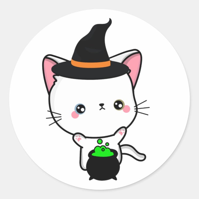 Sticker Rond Drôle chat blanc est une sorcière (Devant)