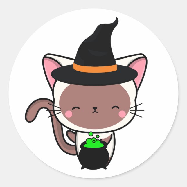 Sticker Rond Drôle chat blanc est une sorcière (Devant)