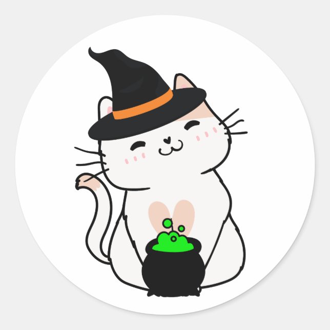 Sticker Rond Drôle chat blanc est une sorcière (Devant)