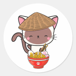 Sticker Rond Drôle chat blanc mange des nouilles