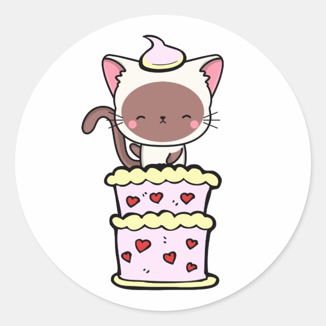 Sticker Rond Drôle chat blanc sautant d'un gâteau (Devant)