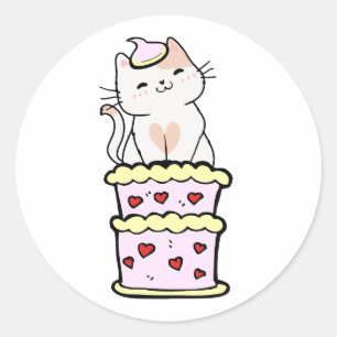 Sticker Rond Drôle chat blanc sautant d'un gâteau