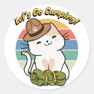 Sticker Rond Drôle chat blanc veut aller camper