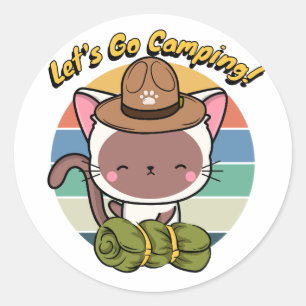Sticker Rond Drôle chat blanc veut aller camper