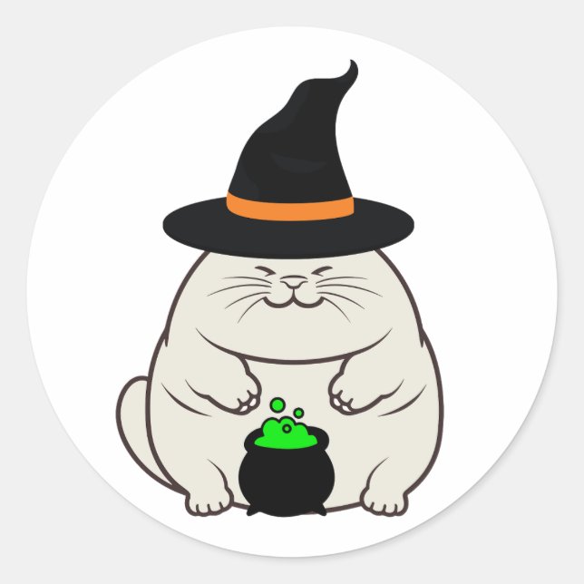 Sticker Rond Drôle chat gras est une sorcière (Devant)