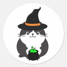 Sticker Rond Drôle chat gras est une sorcière
