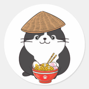 Sticker Rond Drôle chat gras mange des nouilles