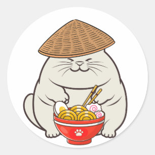 Sticker Rond Drôle chat gras mange des nouilles