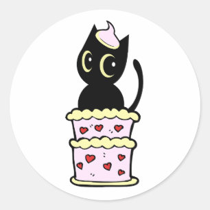 Sticker Rond Drôle chat noir sautant d'un gâteau