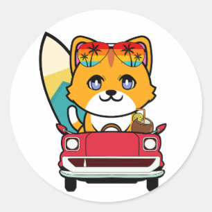 Sticker Rond Drôle chat orange conduit à la plage