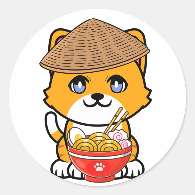 Sticker Rond Drôle chat orange mange des nouilles (Devant)