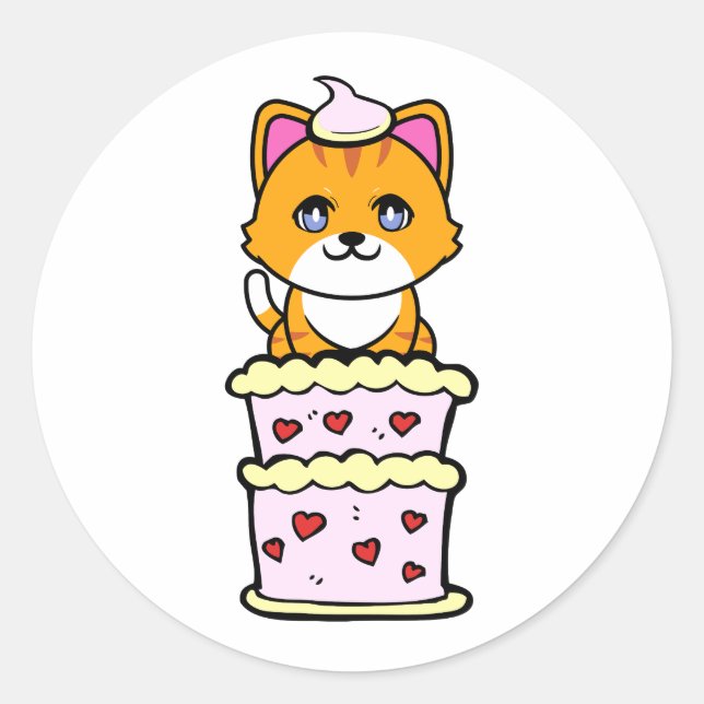 Sticker Rond Drôle chat orange sautant d'un gâteau (Devant)