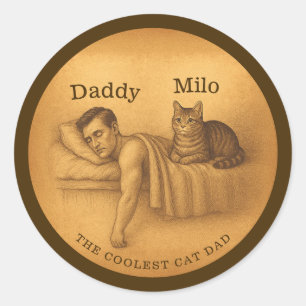 Sticker Rond Drôle Chat Papa Dormir Illustration