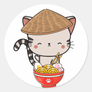 Sticker Rond Drôle chat tabby mange des nouilles