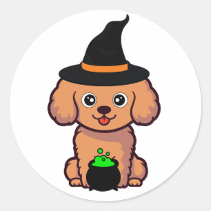 Sticker Rond Drôle chien brun est une sorcière