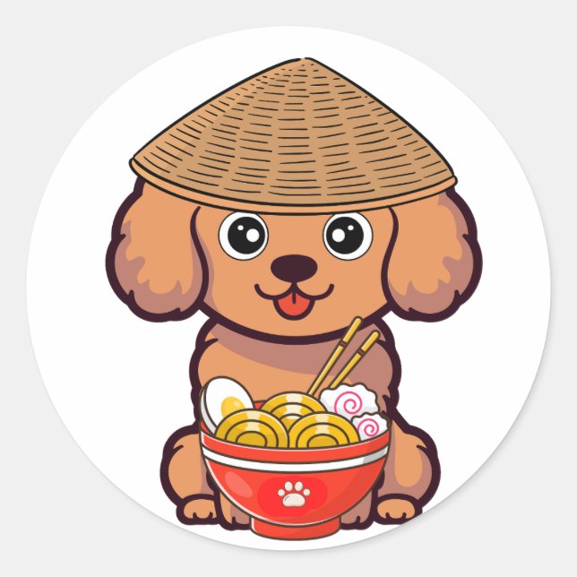 Sticker Rond Drôle chien brun mange des nouilles (Devant)