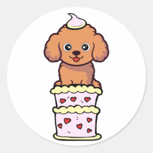 Sticker Rond Drôle chien brun sautant d'un gâteau