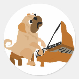 Sticker Rond Drôle Chien Carlin Jouer Piano