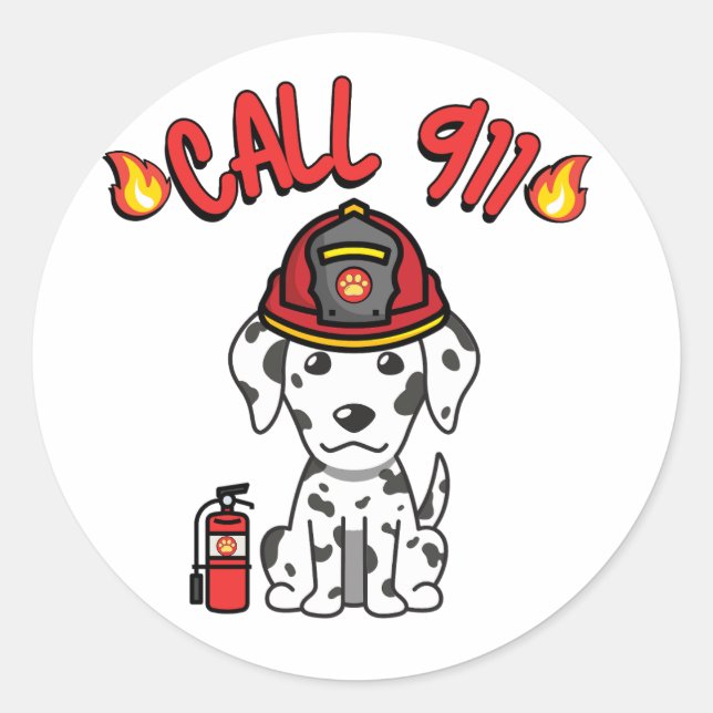 Sticker Rond Drôle chien dalmate est pompier (Devant)