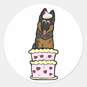 Sticker Rond Drôle chien de garde sautant d'un gâteau
