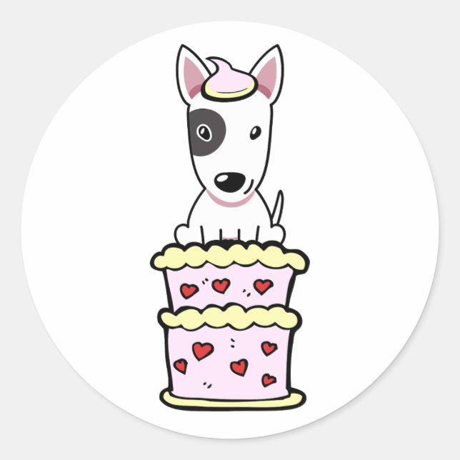 Sticker Rond Drôle chien de tirier taureau sautant d'un gâteau (Devant)