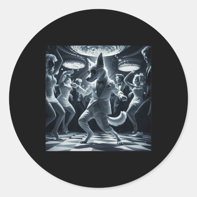 Sticker Rond Drôle Chien Graphique Tee Disco Danser (Devant)
