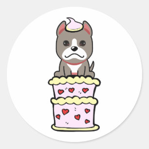 Sticker Rond Drôle chien gris sautant d'un gâteau