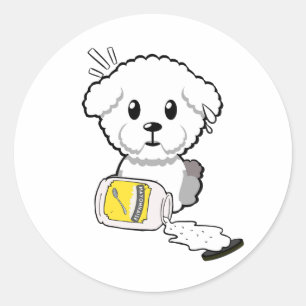Sticker Rond Drôle chien moelleux renversé mayonnaise