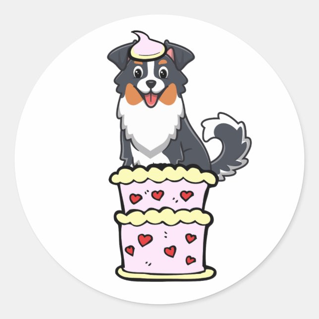 Sticker Rond Drôle collie chien sautant d'un gâteau (Devant)