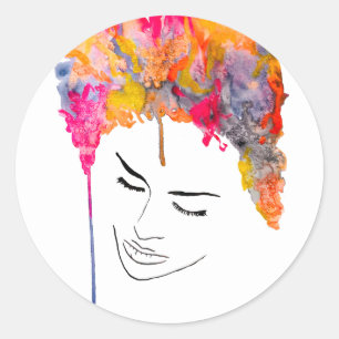 Sticker Rond Drôle dame psychédélique cheveux fou