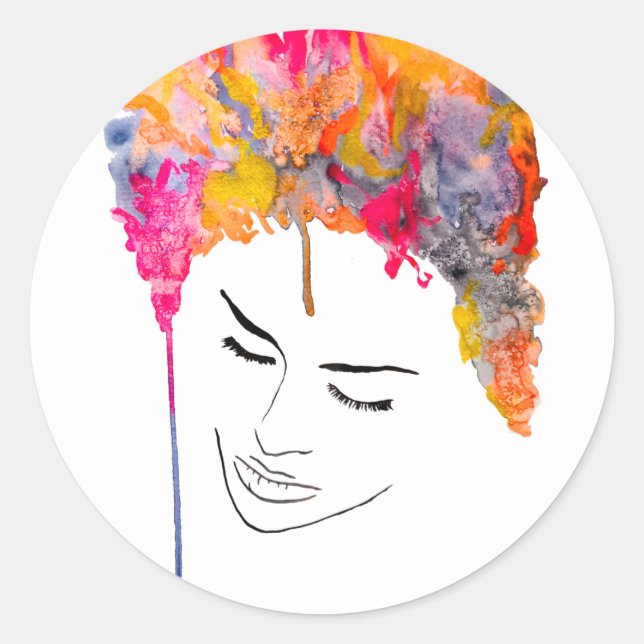 Sticker Rond Drôle dame psychédélique cheveux fou (Devant)