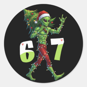 Sticker Rond Drôle de Noël Alien Six Seven Meme 67 Chapeau de P