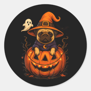 Sticker Rond Drôle de race de Pug Animal Halloween Citrouilles 