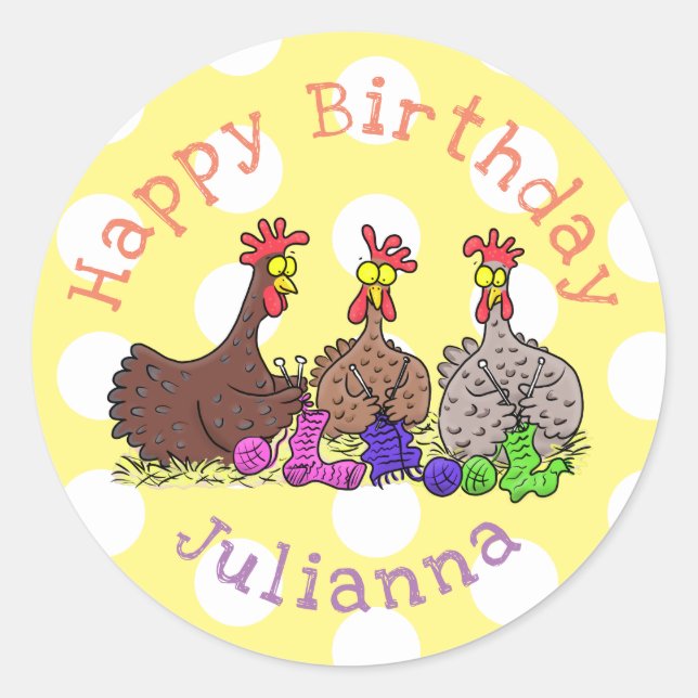Sticker Rond Drôle dessin animé de poulets de tricot (Devant)